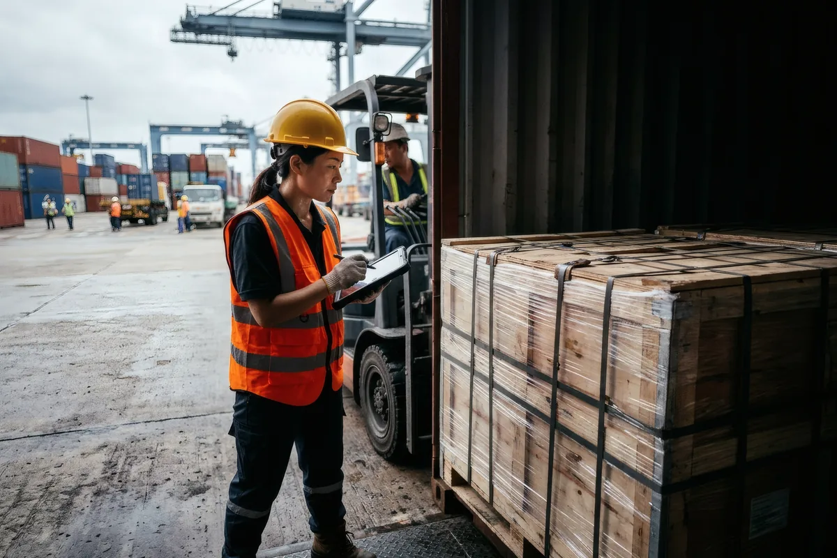 A checker verifying strapped crates as they are loaded into a shipping container