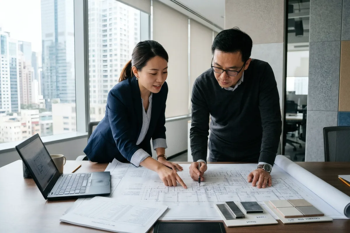 Two colleagues reviewing drawings, a bill of quantities and material samples