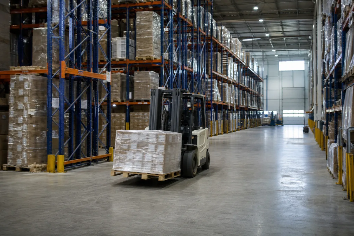 Distribution warehouse interior with steel racking