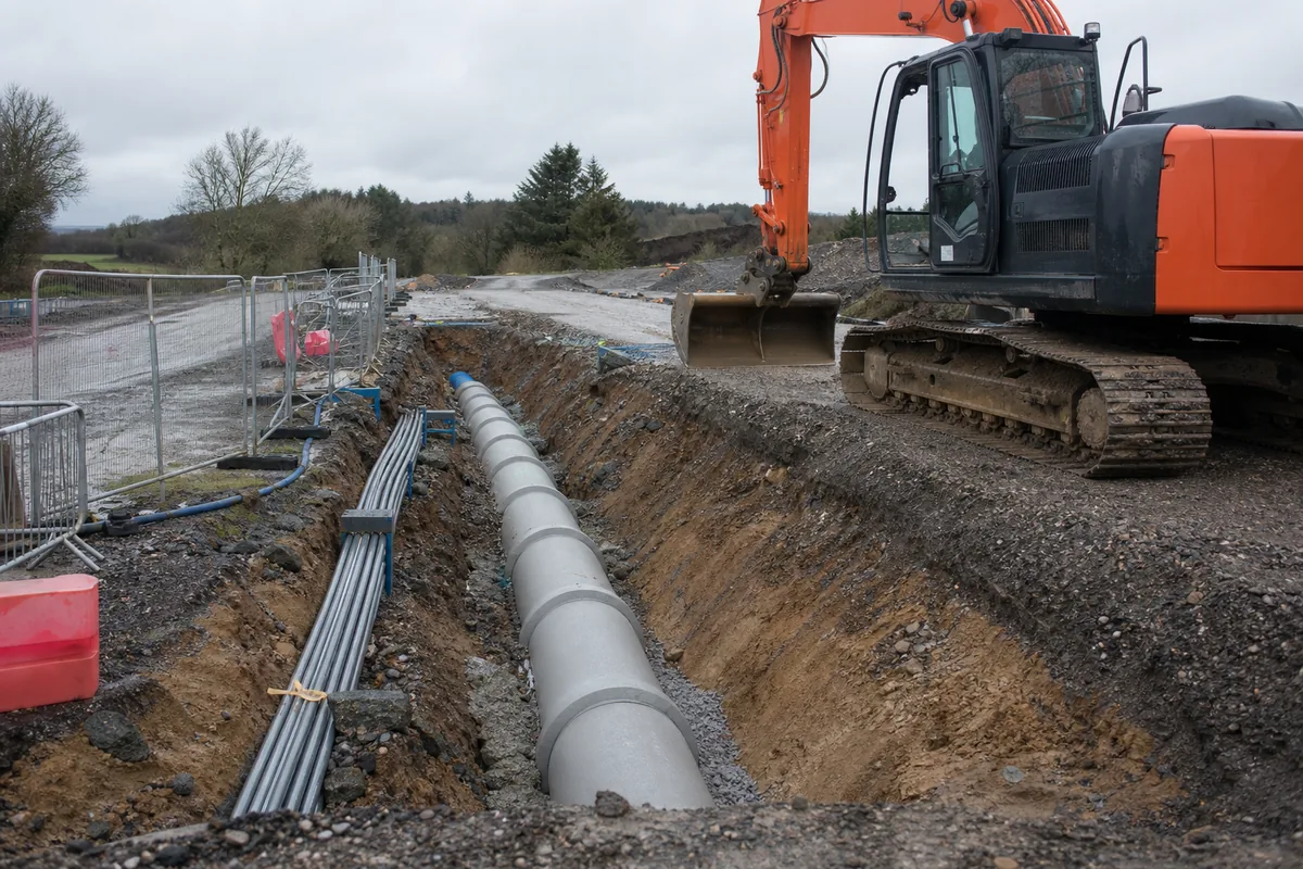 Utility trench with large diameter pipes being laid