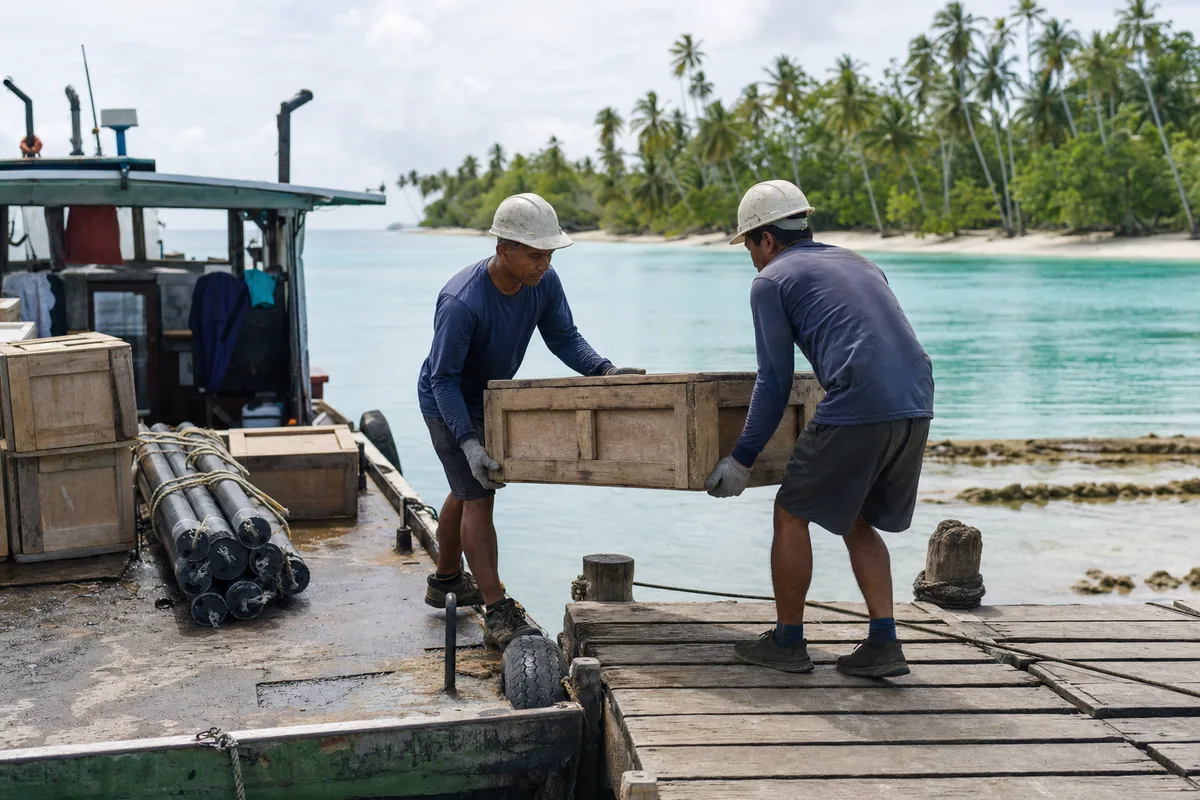 Cargo barge unloading materials at an island jetty